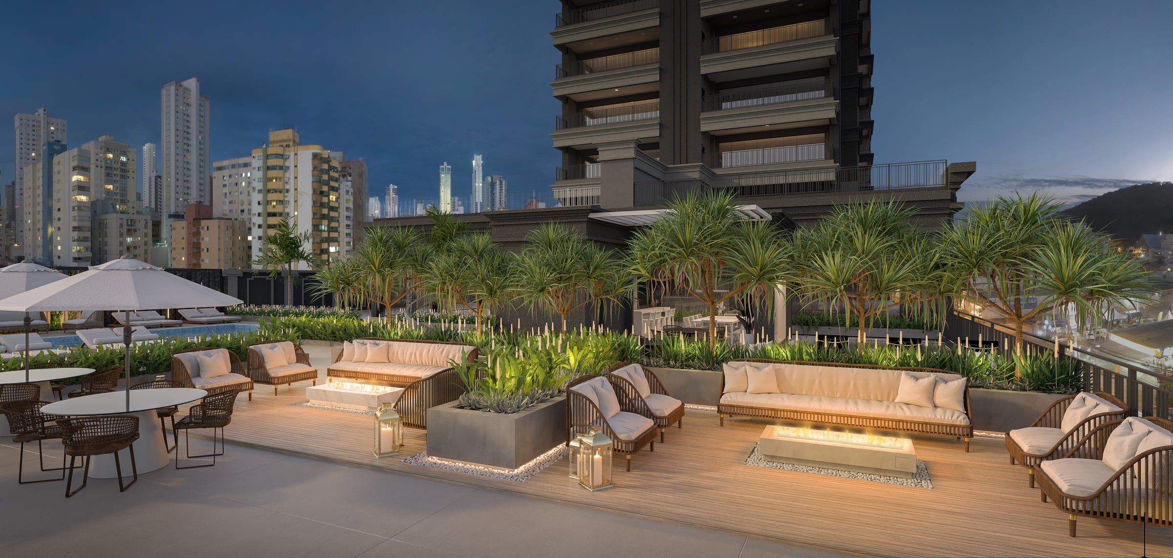 Rooftop do Sweden ao entardecer, com lareira externa